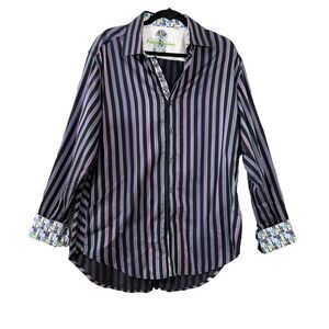 Robert Graham Flip Cuff strip Shirt Men's Large Paisley Long Sleeve Black Purple